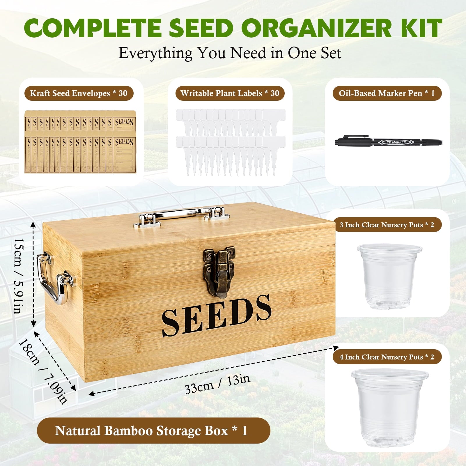 VOROLAK Wood Seed Saving Box, Seed Storage Organizer Case, Seed Packet Storage Organizer with Lock and 3 Handles, 30P Plant Labels, 30P Seeding Envelopes Bag