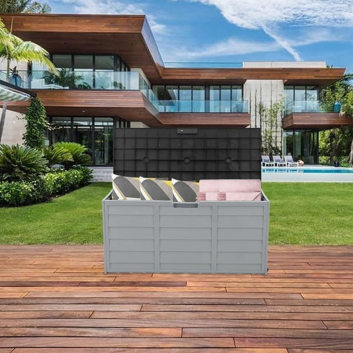 75 Gallon Resin Deck Box, SINWE Storage Chest on Wheels, Backyard Waterproof Storage Cabinet for Patio Furniture Cushions, Garden Tools, Kids' Toys, Black