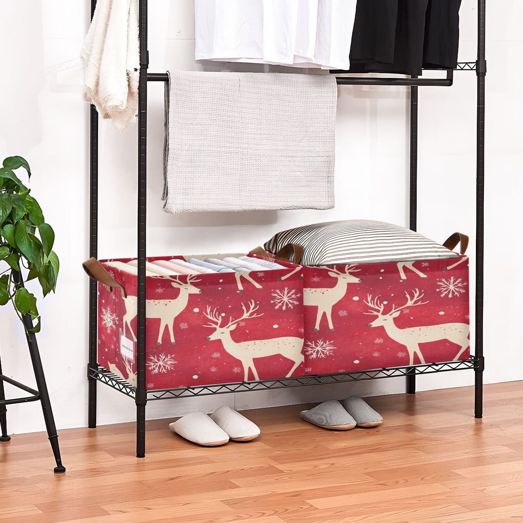 BZSMCE Collapsible Fabric Cube Storage Bins Gold Reindeer and Snowflake Adorable Snowman Design Pattern Storage Box