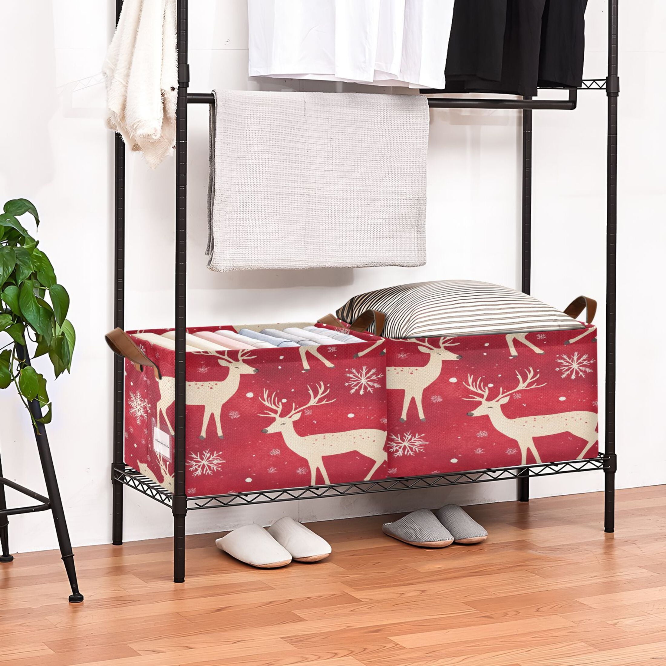 BZSMCE Collapsible Fabric Cube Storage Bins Gold Reindeer and Snowflake Adorable Snowman Design Pattern Storage Box