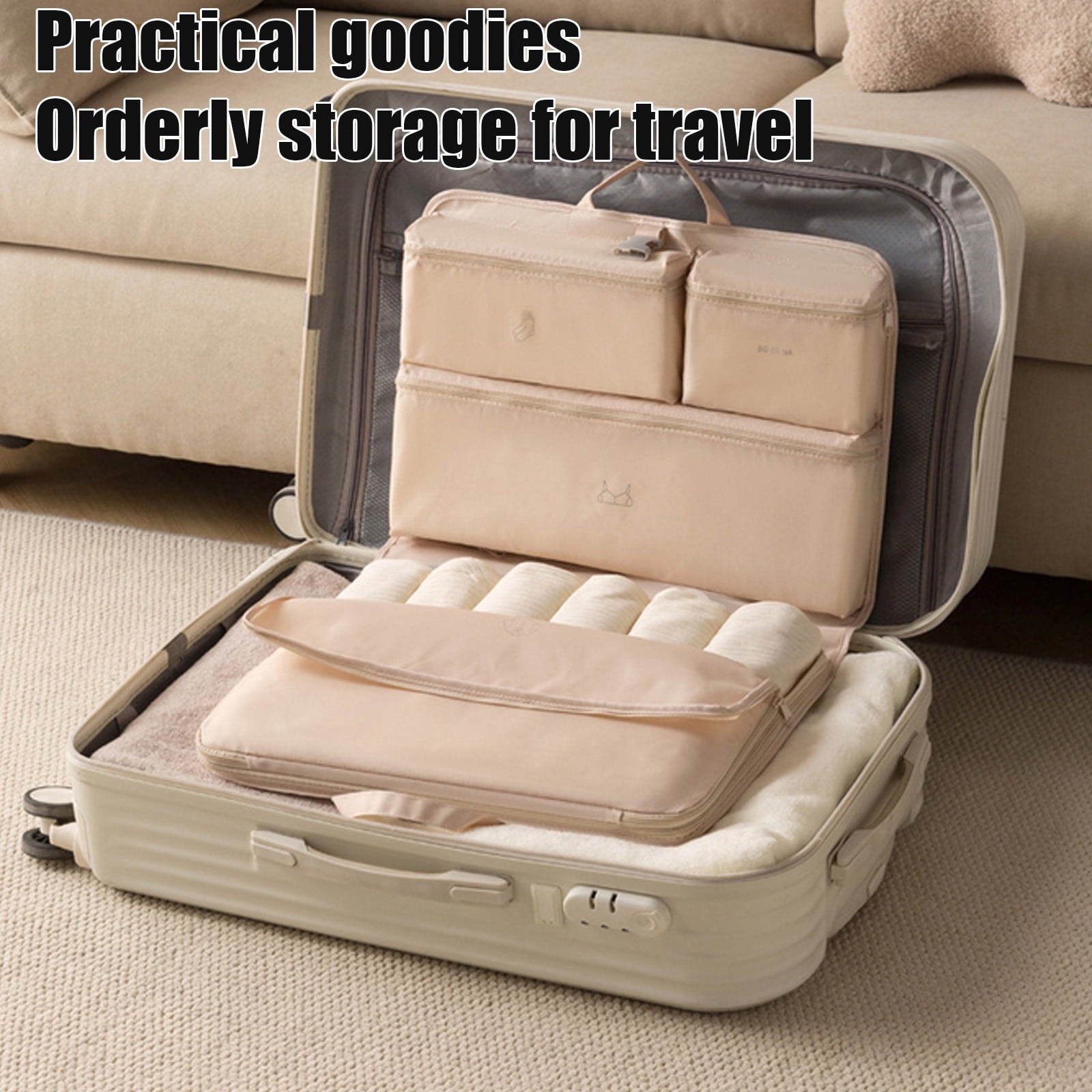 Compression Packing Cubes for Travel, Multi-Compartment Organizer Bag with Compression Zipper for Space Saving, Wrinkle Resistant & Lightweight, Beige