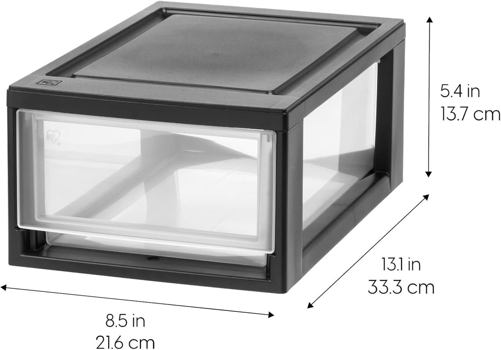 IRIS USA 6 Qt Plastic Drawer Storage Organizer Stackable with Sliding Drawer, Black, 2-Pack