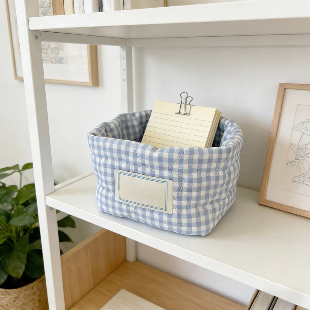 Clip-On Desktop Storage Basket, Makeup Brush Holder with Clamp, Small Fabric Organizer Bin for Office Desk, Vanity, Drawer, Sky Blue