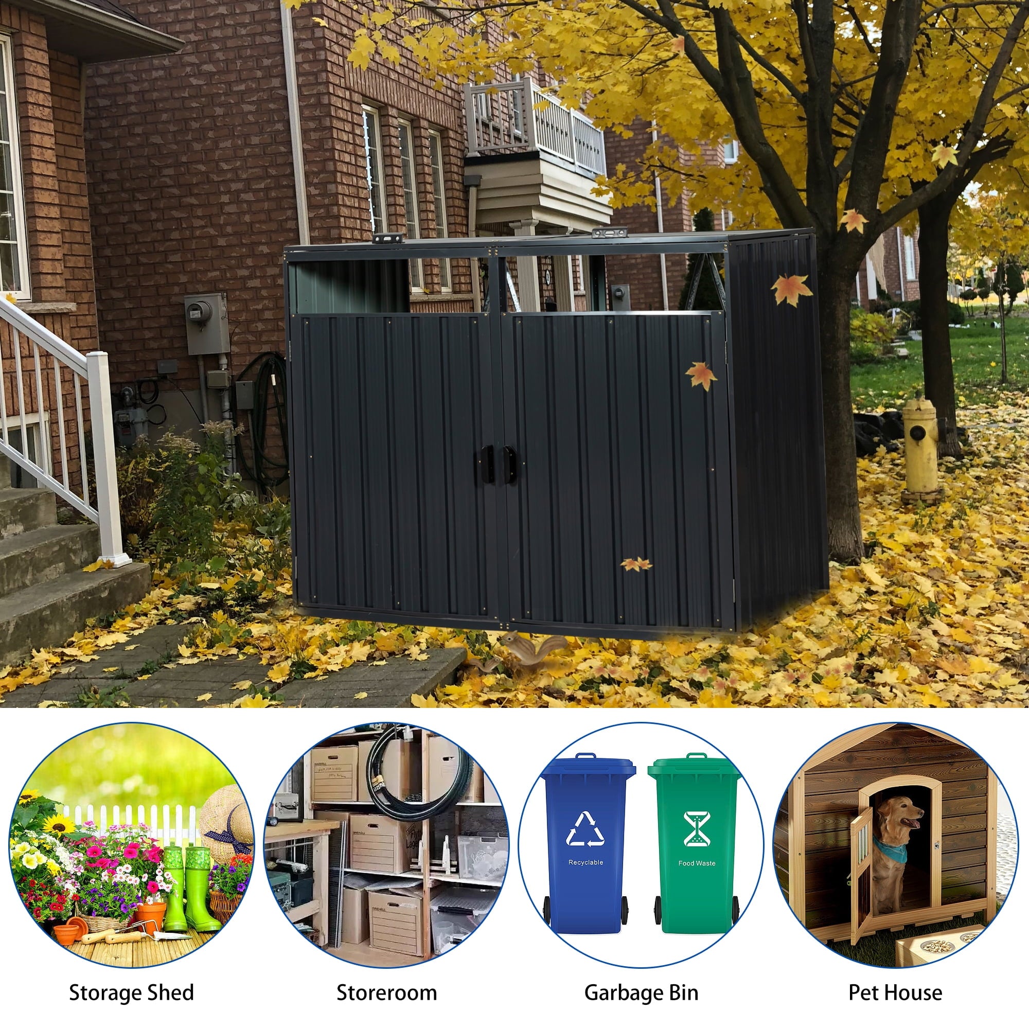 JXXRZ Metal Garbage Bin Shed for 2 Trash Cans with Lockable Doors and Lids,Galvanized Steel Garbage Bin Storage Shed for Garden Yard Lawn, Black