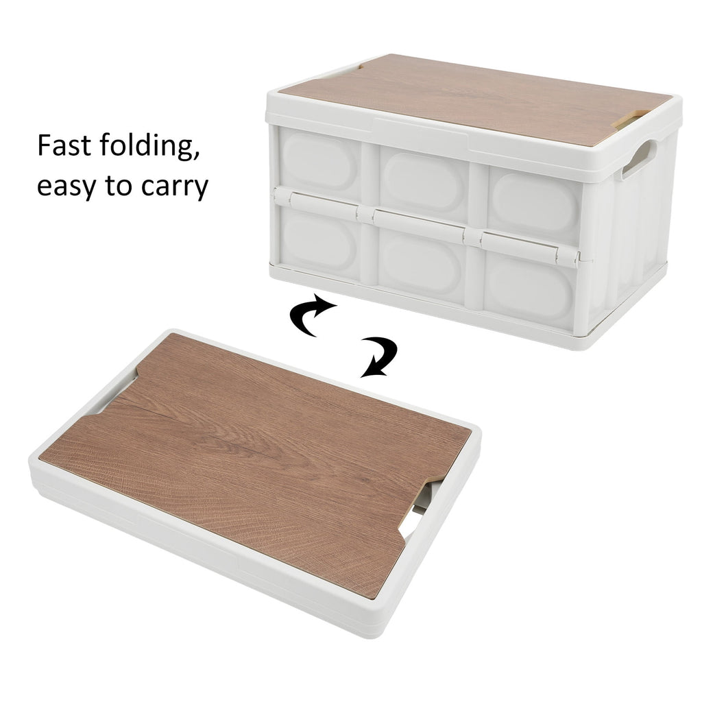 30L Outdoor Multifunctional Folding Storage Box Thicken Removable Portable Storage Box with Wooden Panel for Outdoor White