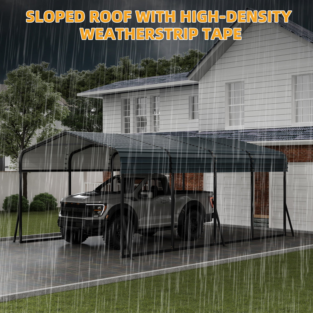 Ataucjin 12' x 20' Heavy Duty Metal Carport with Galvanized Steel Roof, Metal Roof Carport with Enhanced Base, Tall Metal Carport Kits Garage for Tractors, Pickup, Boat, Car(ship in 4 boxes)